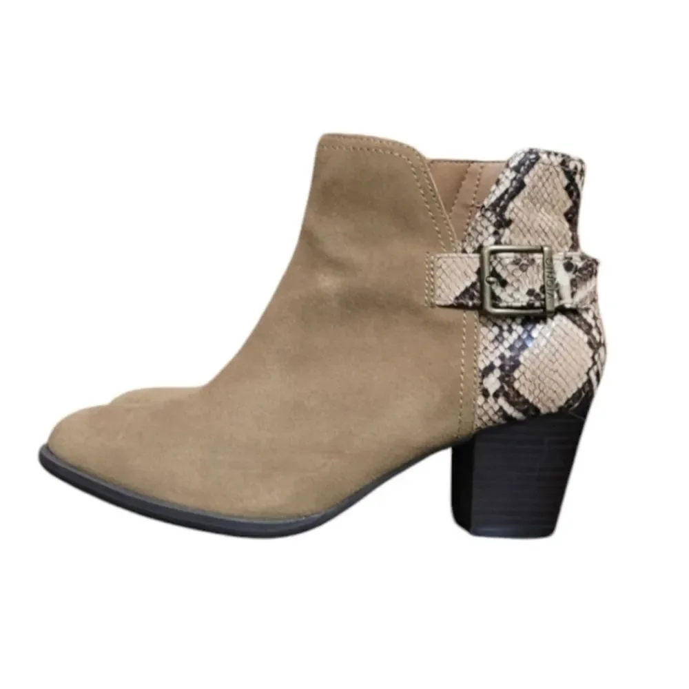 Vionic Naomi Tan Suede Snake Print Ankle Boots